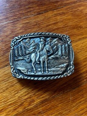 Western Horse Rider Metal Belt Buckle in Antique Silver